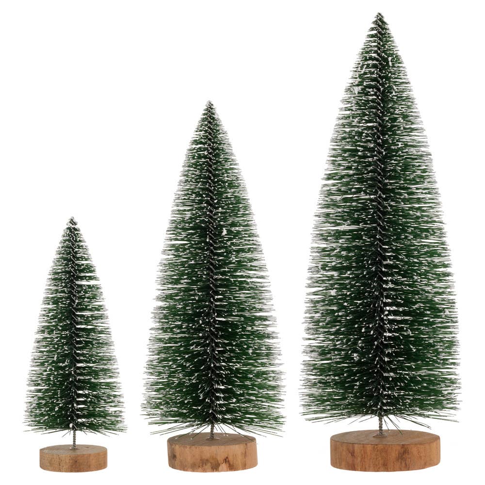 Green White Tipped Bottle Brush Trees Set/3 Christmas