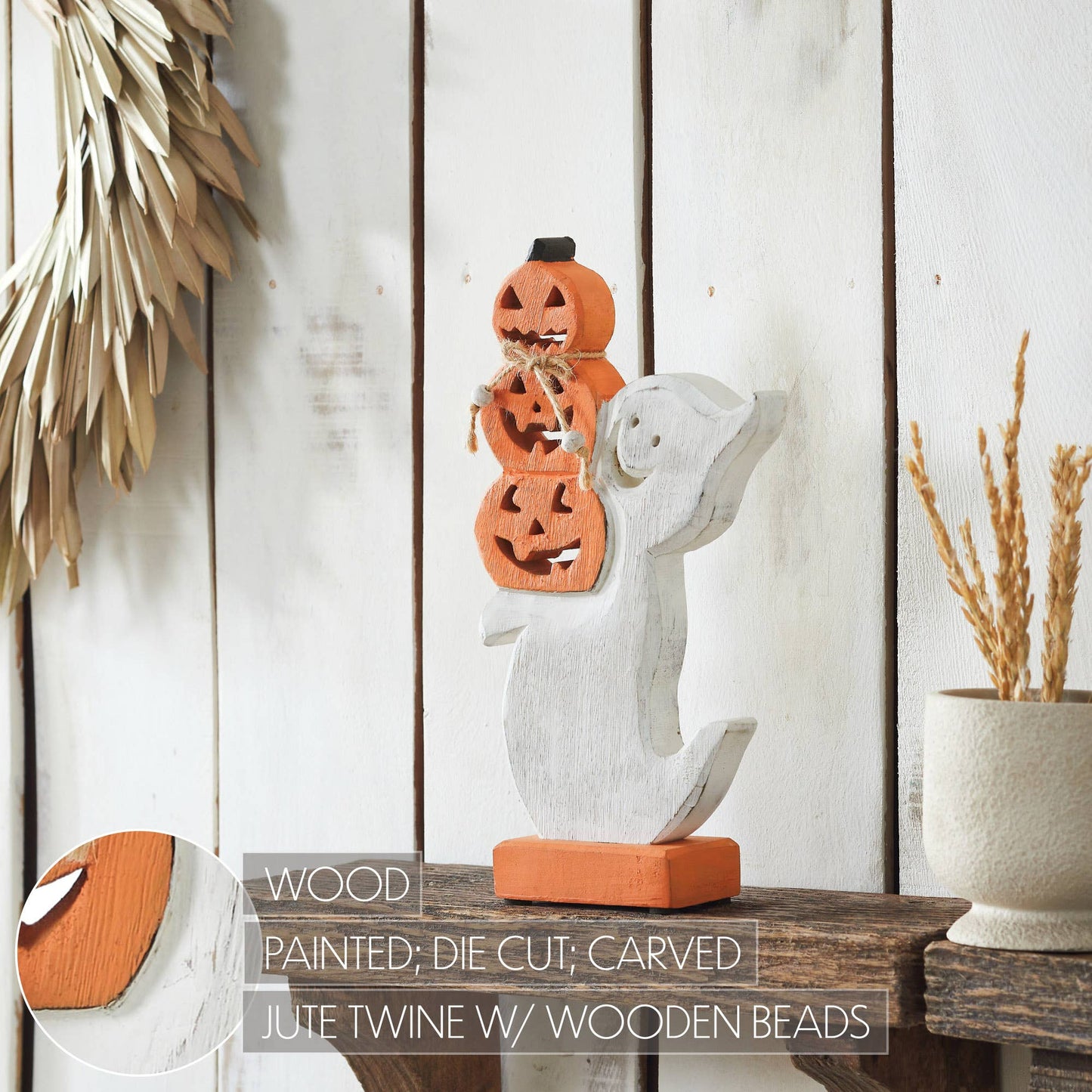 Halloween Wooden Stacked Jack O Lantern Ghost Tabletop Decor Figurine 11x6x2 Inch