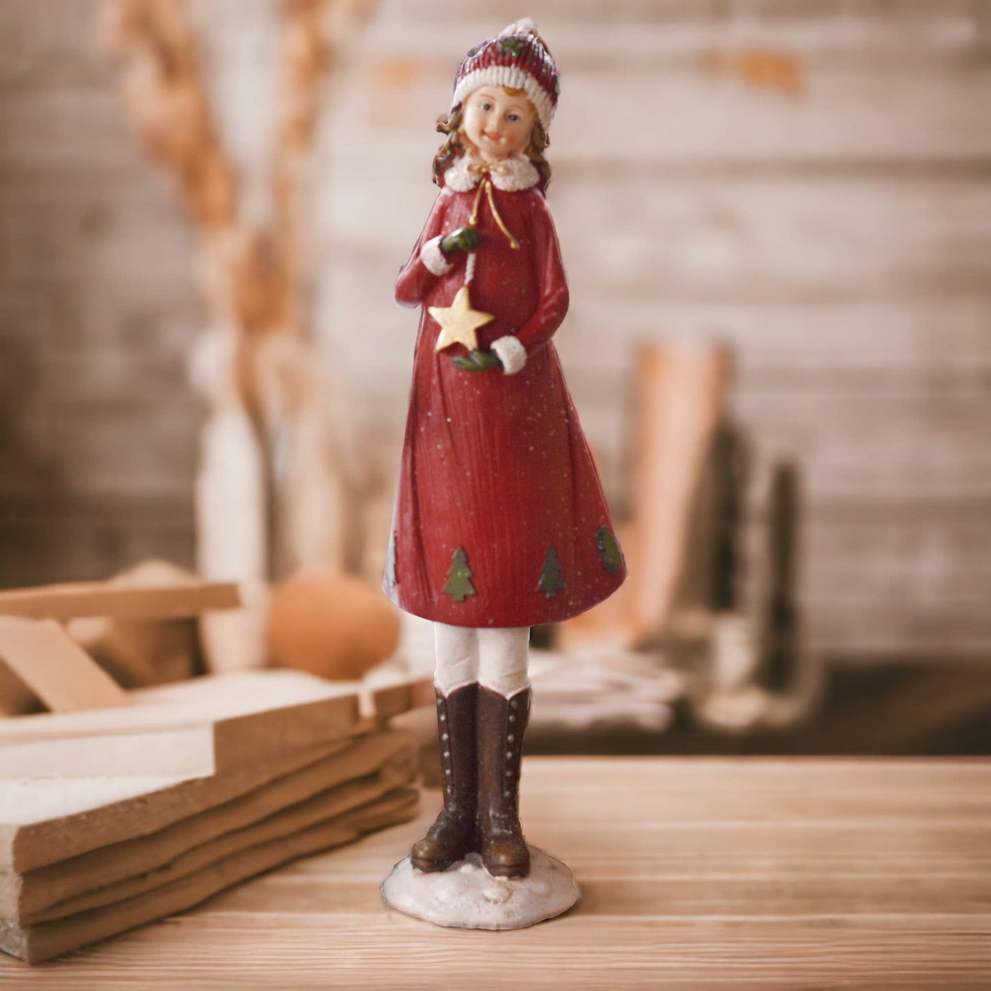 Vintage Style Doll in Red Dress Hat with Display Stand | Christmas Figurine