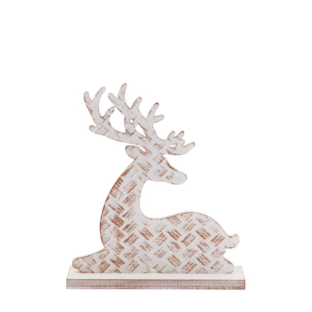 9.5" Tall Sitting White Wash Basketweave Deer Christmas