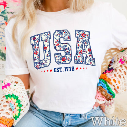 USA Floral  | July 4th Graphic Tee | Gildan