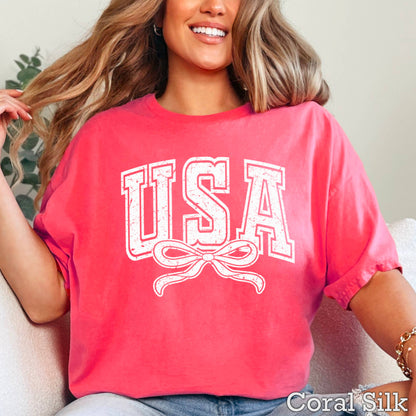 USA Coquette Bow July 4th Graphic Tee | Gildan 