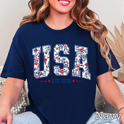 USA Floral  | July 4th Graphic Tee | Gildan