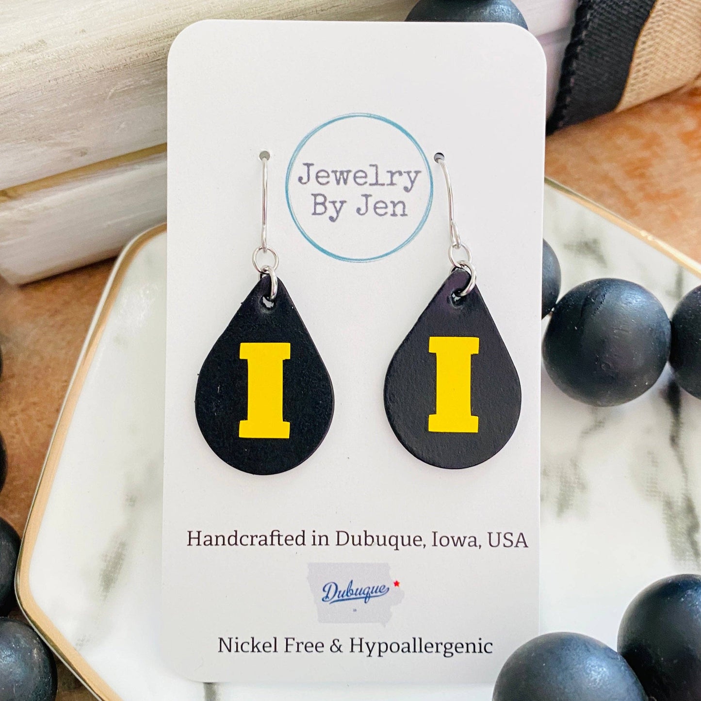 Iowa Hawkeyes "I" Black Teardrop (Small) Earrings