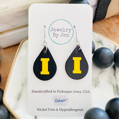Iowa Hawkeyes "I" Black Teardrop (Small) Earrings