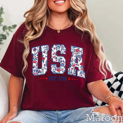 USA Floral  | July 4th Graphic Tee | Gildan