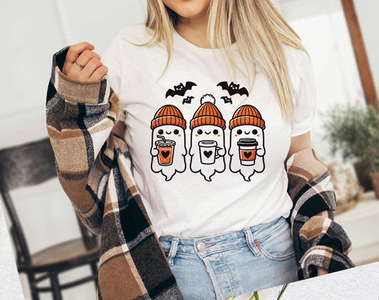Three Cute Ghost's Drinking Coffee - Halloween T-Shirt