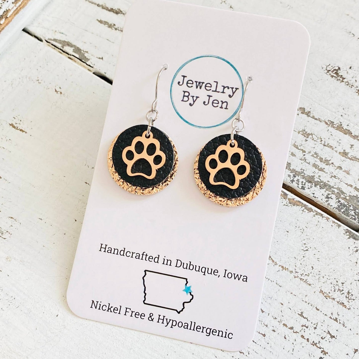 Paw Charm Earrings: Black & Rose Gold