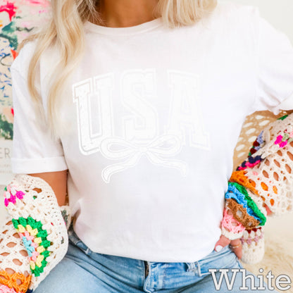 USA Coquette Bow July 4th Graphic Tee | Gildan 