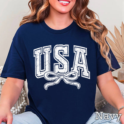 USA Coquette Bow July 4th Graphic Tee | Gildan 