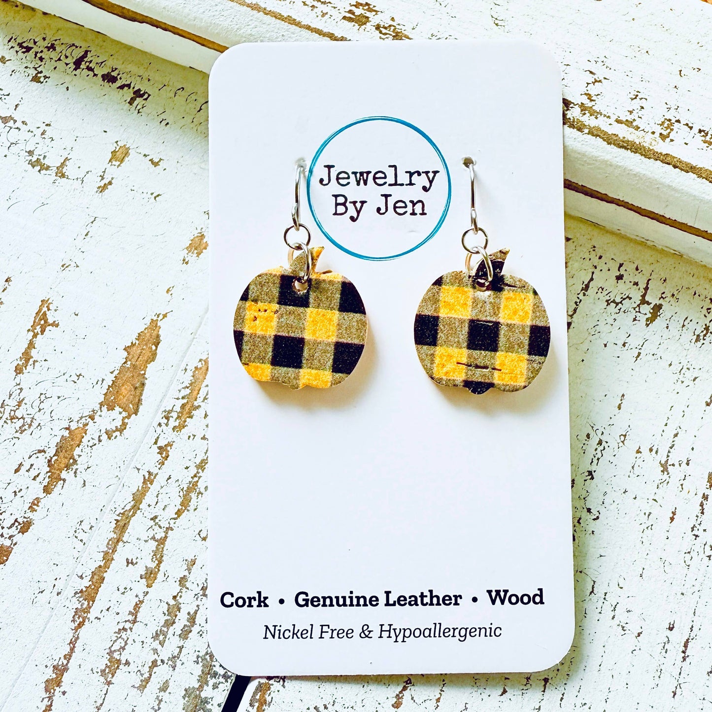 Mini Pumpkin Earrings: Yellow & Black Plaid