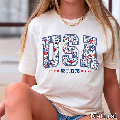 USA Floral  | July 4th Graphic Tee | Gildan