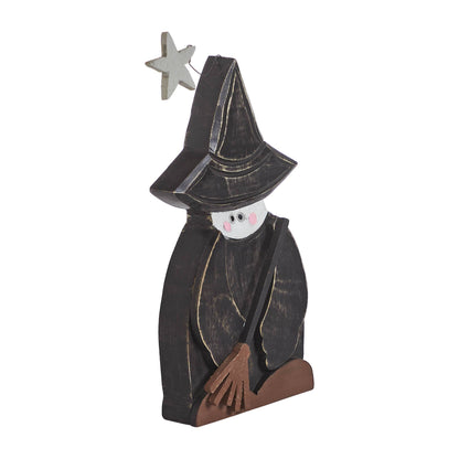 Halloween Rustic Wooden Witch Figurine with Broom Fall Tabletop Seasonal Decor 10x5.5x1.5