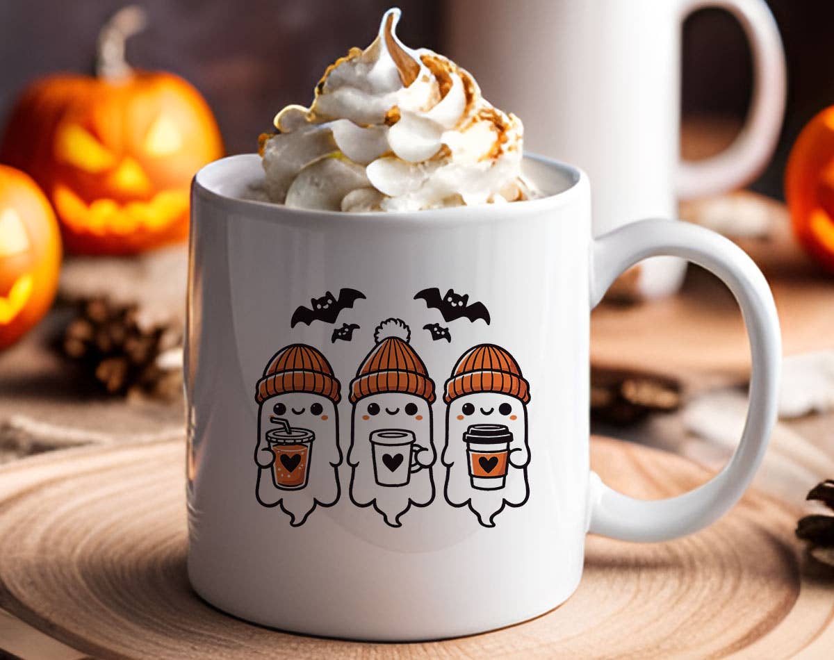 Three Cute Ghost's Drinking Coffee - Halloween Coffee Mug