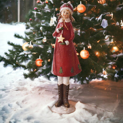 Vintage Style Doll in Red Dress Hat with Display Stand | Christmas Figurine