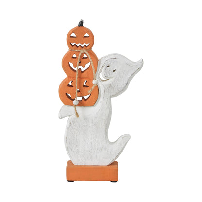 Halloween Wooden Stacked Jack O Lantern Ghost Tabletop Decor Figurine 11x6x2 Inch