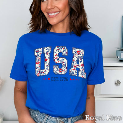 USA Floral  | July 4th Graphic Tee | Gildan