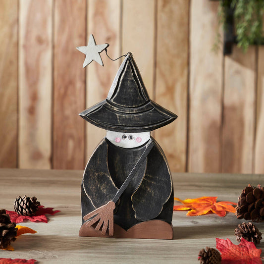 Halloween Rustic Wooden Witch Figurine with Broom Fall Tabletop Seasonal Decor 10x5.5x1.5