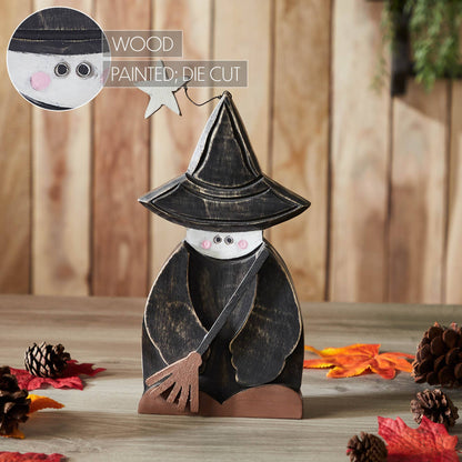 Halloween Rustic Wooden Witch Figurine with Broom Fall Tabletop Seasonal Decor 10x5.5x1.5