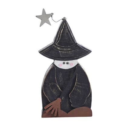 Halloween Rustic Wooden Witch Figurine with Broom Fall Tabletop Seasonal Decor 10x5.5x1.5