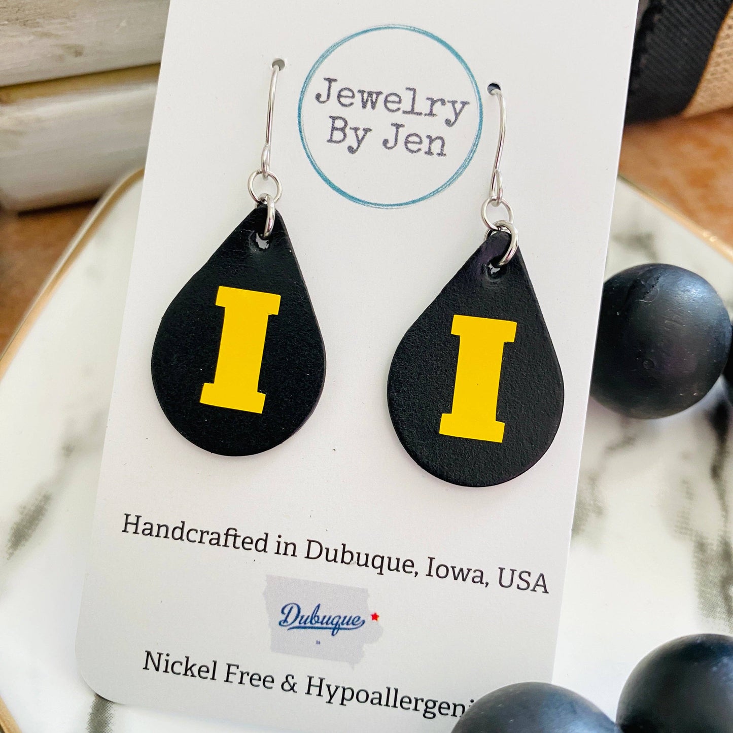 Iowa Hawkeyes "I" Black Teardrop (Small) Earrings