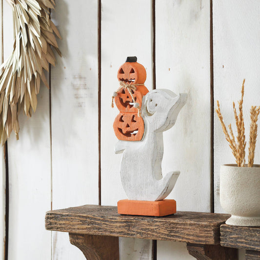 Halloween Wooden Stacked Jack O Lantern Ghost Tabletop Decor Figurine 11x6x2 Inch