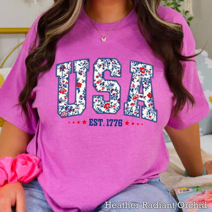 USA Floral  | July 4th Graphic Tee | Gildan