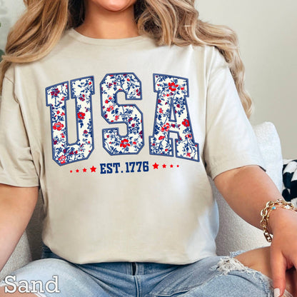 USA Floral  | July 4th Graphic Tee | Gildan