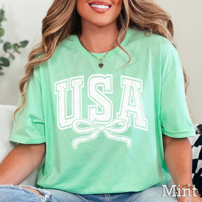 USA Coquette Bow July 4th Graphic Tee | Gildan 