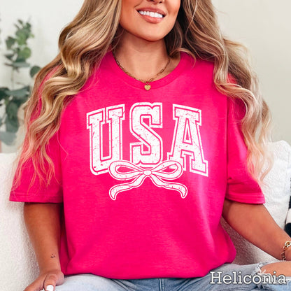 USA Coquette Bow July 4th Graphic Tee | Gildan 