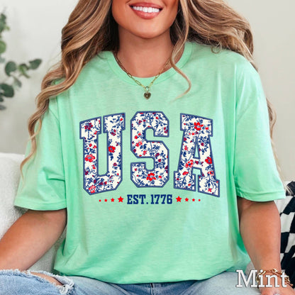 USA Floral  | July 4th Graphic Tee | Gildan