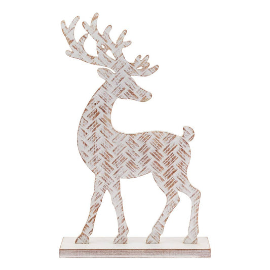 13.5" Tall Standing White Wash Basketweave Deer Christmas