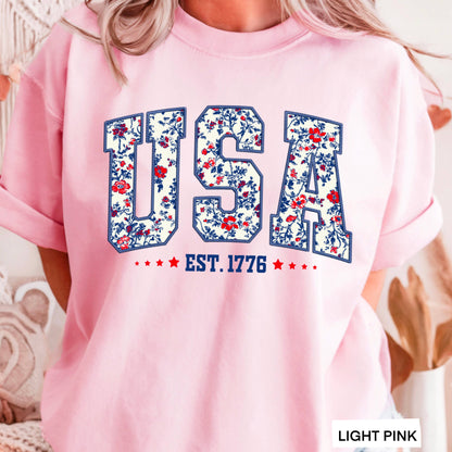 USA Floral  | July 4th Graphic Tee | Gildan