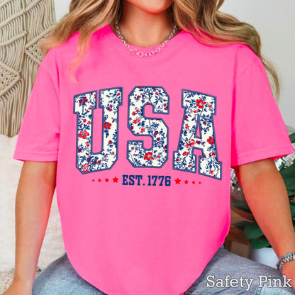 USA Floral  | July 4th Graphic Tee | Gildan