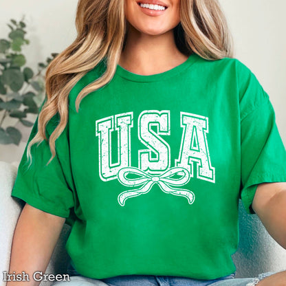 USA Coquette Bow July 4th Graphic Tee | Gildan 