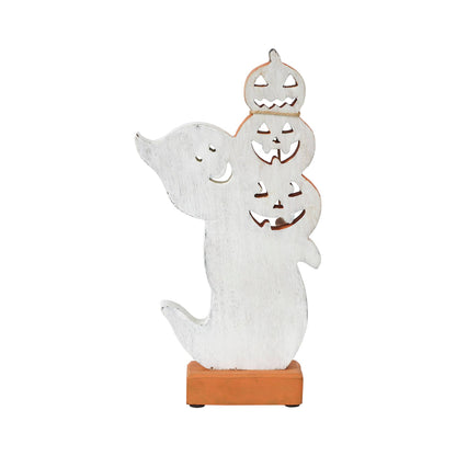 Halloween Wooden Stacked Jack O Lantern Ghost Tabletop Decor Figurine 11x6x2 Inch