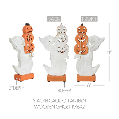 Halloween Wooden Stacked Jack O Lantern Ghost Tabletop Decor Figurine 11x6x2 Inch