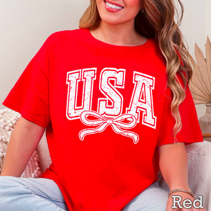 USA Coquette Bow July 4th Graphic Tee | Gildan 