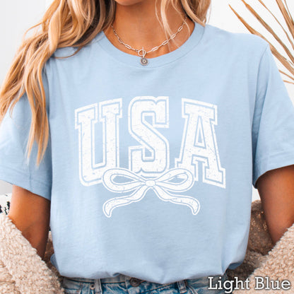 USA Coquette Bow July 4th Graphic Tee | Gildan 
