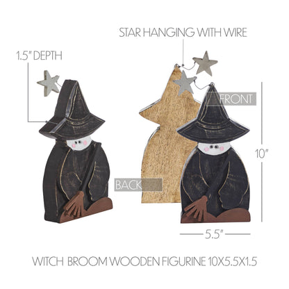 Halloween Rustic Wooden Witch Figurine with Broom Fall Tabletop Seasonal Decor 10x5.5x1.5