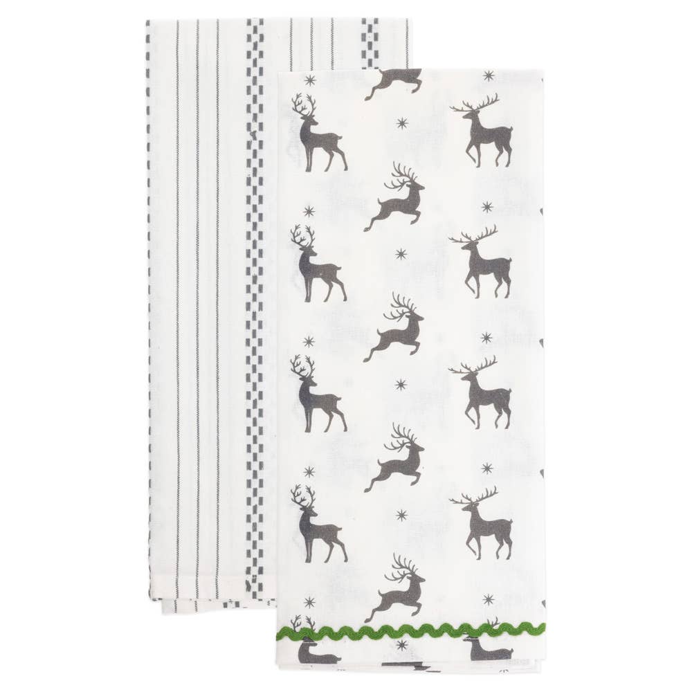 Gray Reindeer & Stripes Tea Towels S/2 Christmas