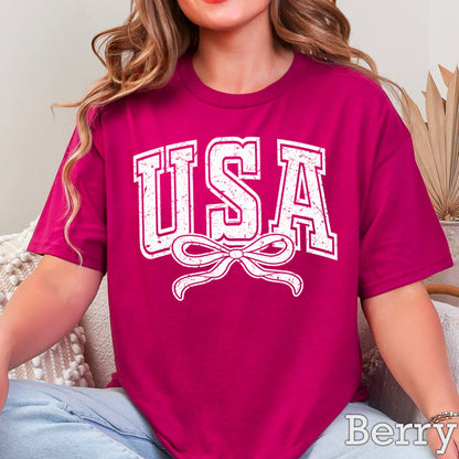 USA Coquette Bow July 4th Graphic Tee | Gildan 