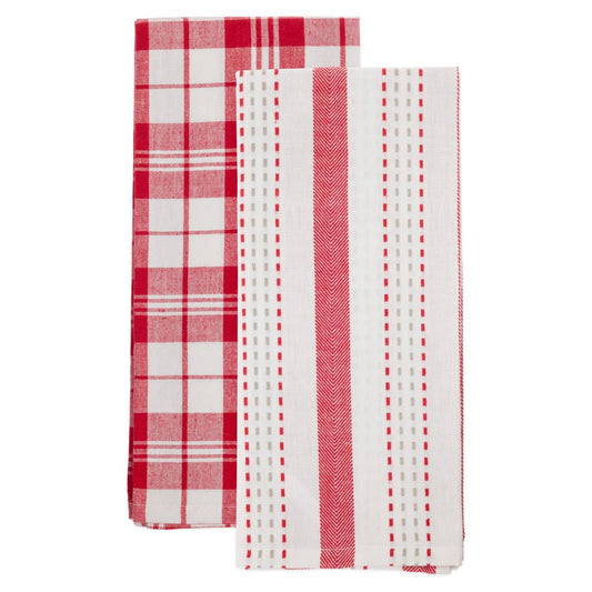 Red Stripe & Plaid Tea Towels S/2 Christmas