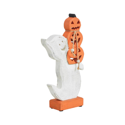Halloween Wooden Stacked Jack O Lantern Ghost Tabletop Decor Figurine 11x6x2 Inch
