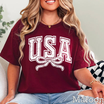 USA Coquette Bow July 4th Graphic Tee | Gildan 