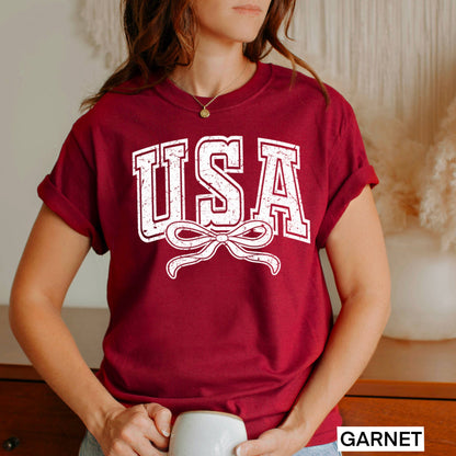 USA Coquette Bow July 4th Graphic Tee | Gildan 