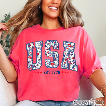 USA Floral  | July 4th Graphic Tee | Gildan