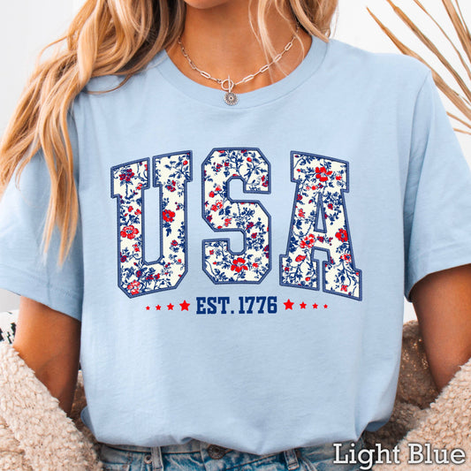 USA Floral  | July 4th Graphic Tee | Gildan
